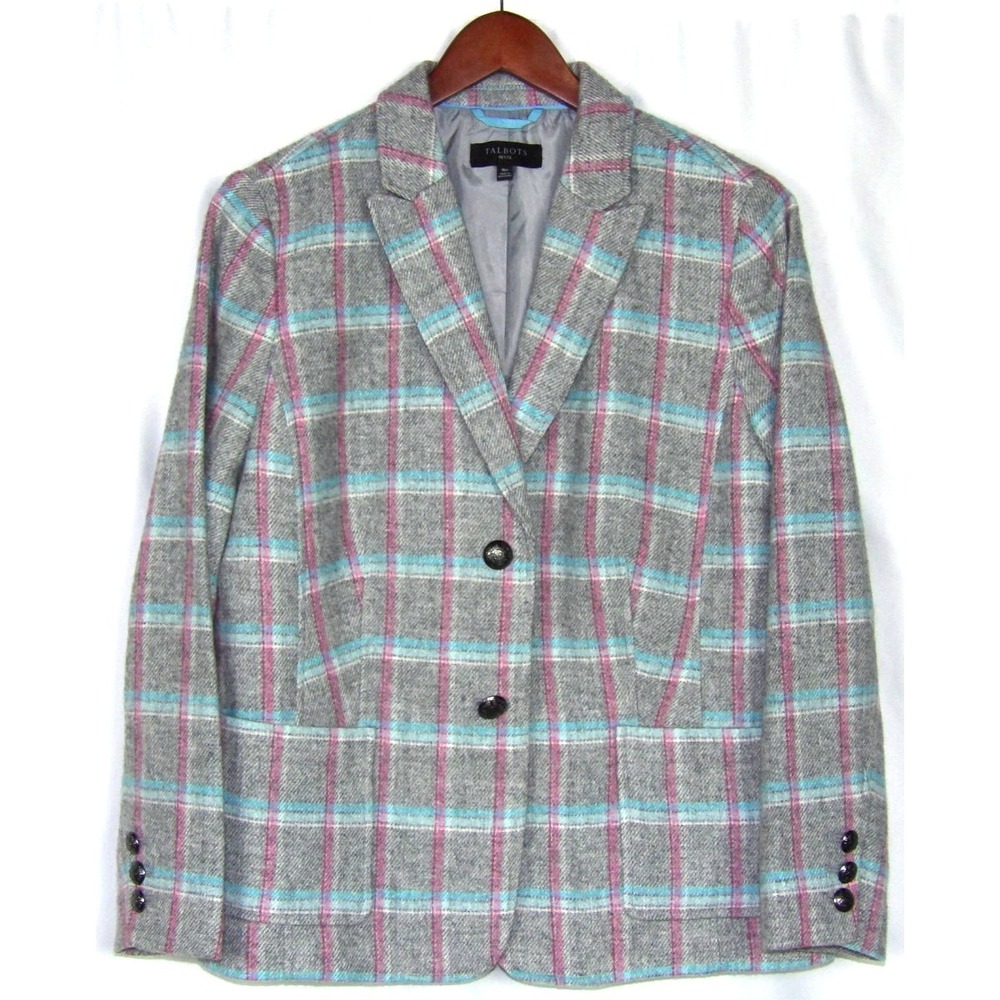 TALBOTS Petite Wool Blend 2 Button Blue Plaid Tweed Blazer Women's 16P